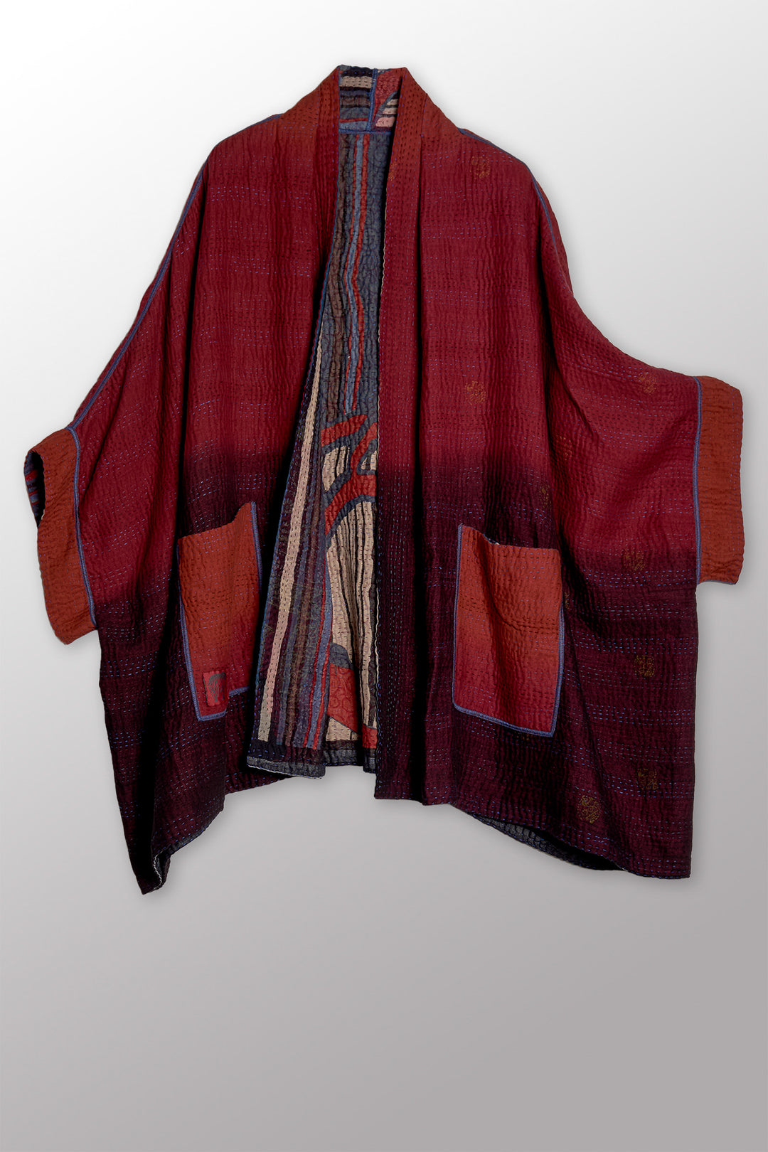 STRIPE AND BENDS KANTHA DOUBLE COLLAR PONCHO - sb4323-red -