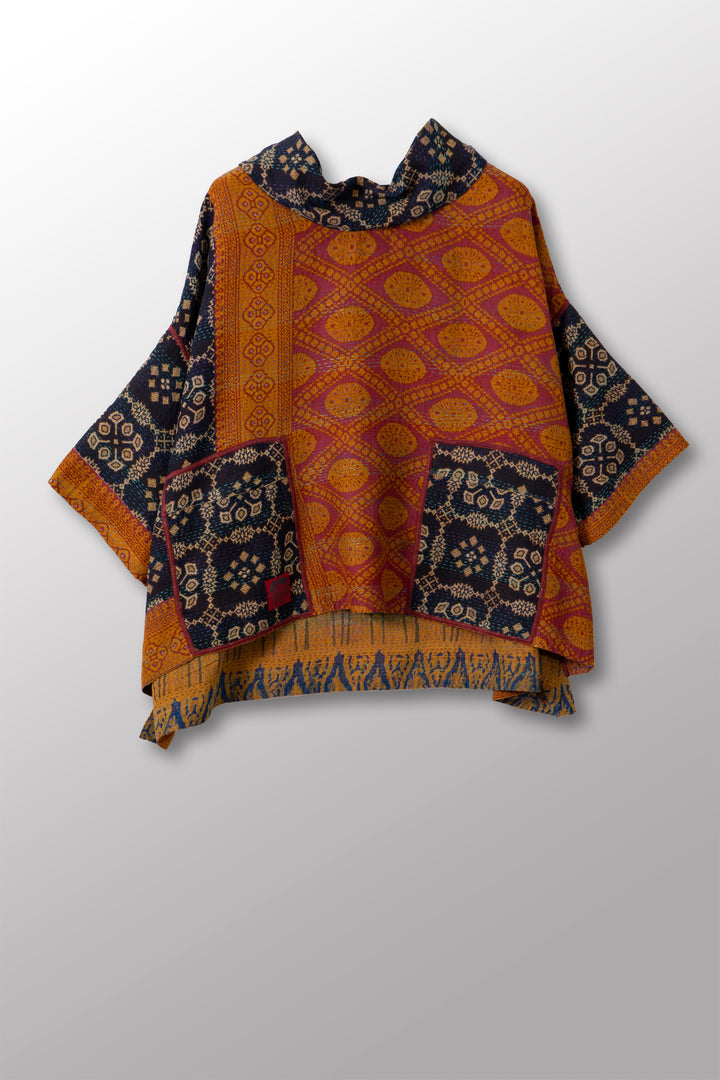 VINTAGE SILK GEORGETTE COTTON KANTHA COWL NECK PONCHO - gc2061-0001a -