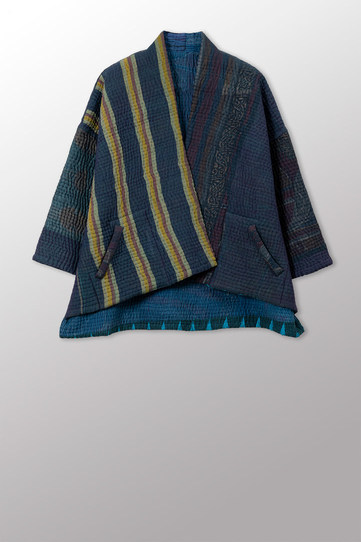 QUILTED OVERDYE COTTON KANTHA MINI KIMONO JKT - oq5055-cblu001a -