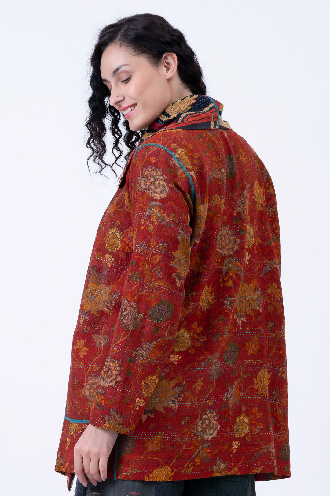 VINTAGE SILK GEORGETTE COTTON KANTHA POCKET JKT - gc2002-0015a -