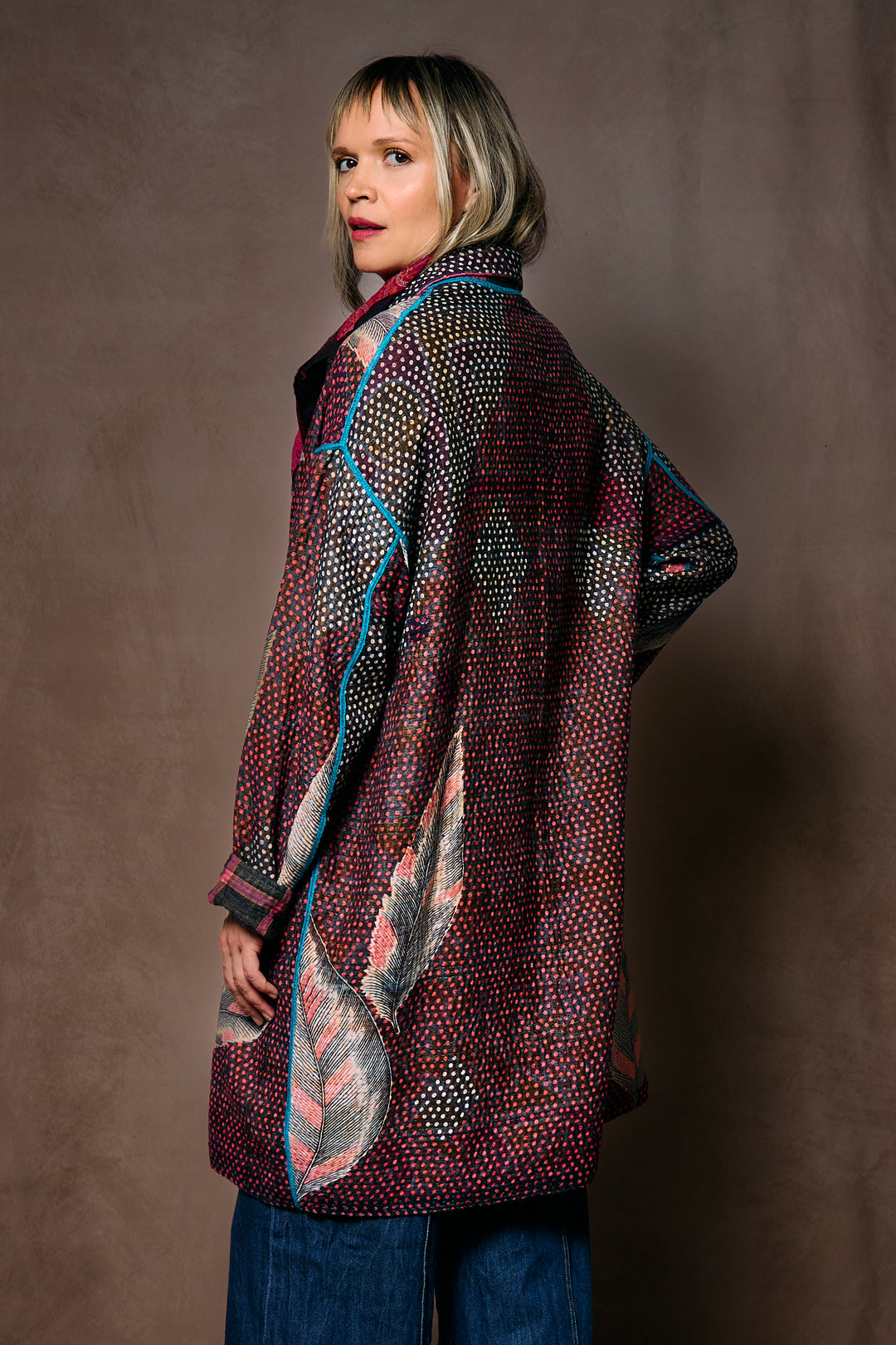 VINTAGE COTTON KANTHA LONG LINE JACKET - cv4059-5001m -