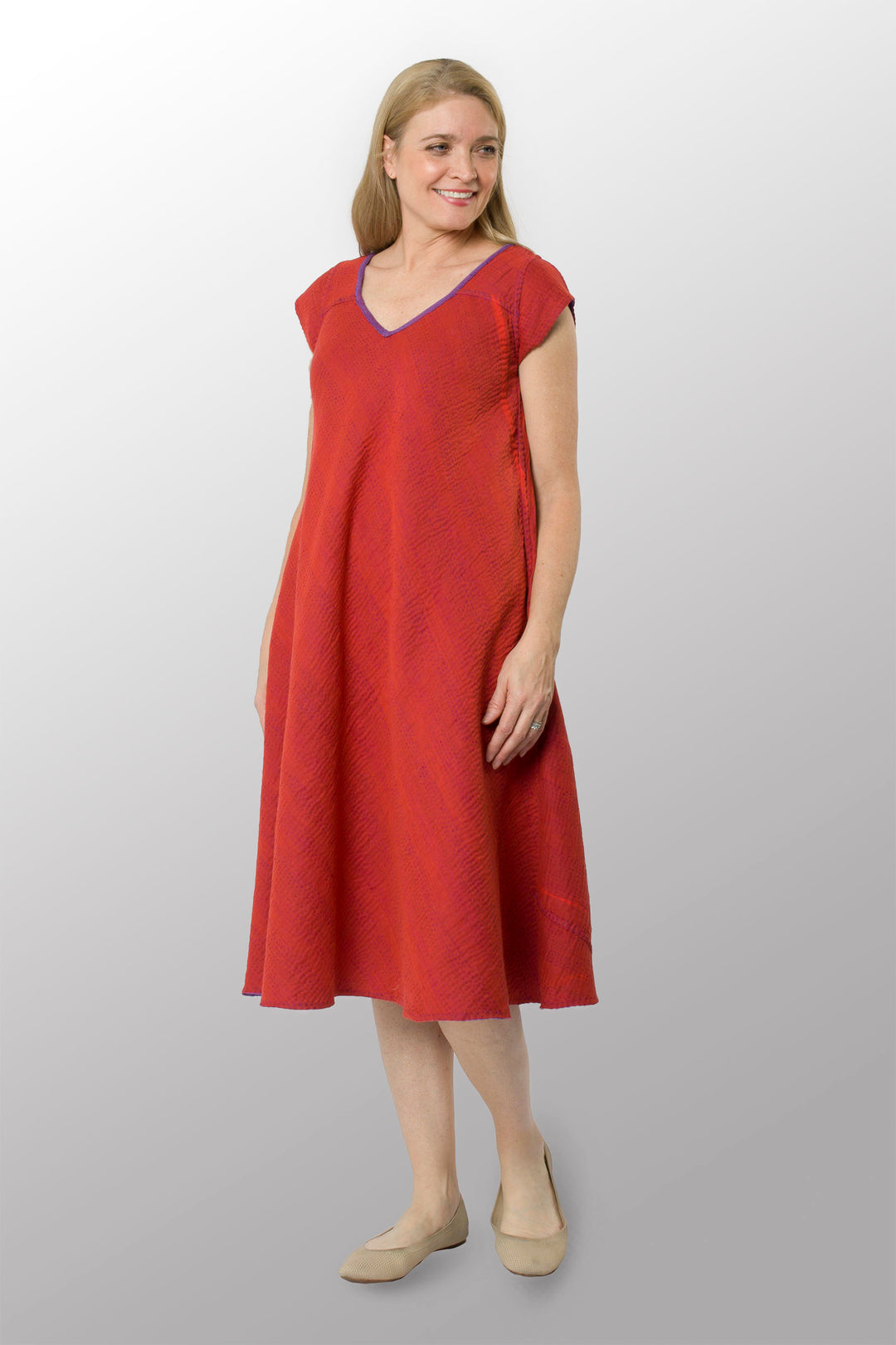BLOOMING FLOWERS KANTHA CAP SLV. FLARE DRESS - bf4425-prp -