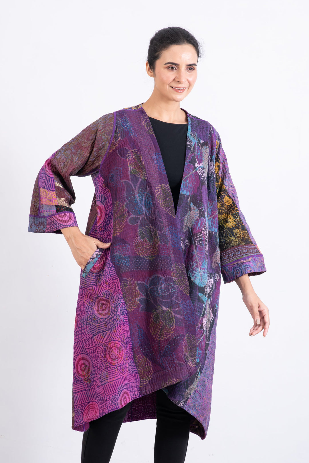 JACQUARD SILK KANTHA WRAP FLARE COAT - js4330-prp -