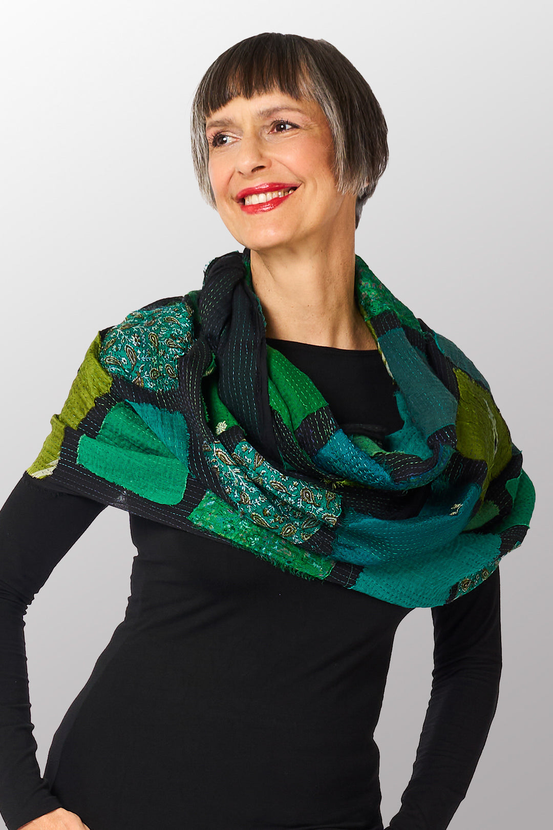 TONAL TILE PATCH KANTHA INFINITY SCARF - tt2816-ngy -