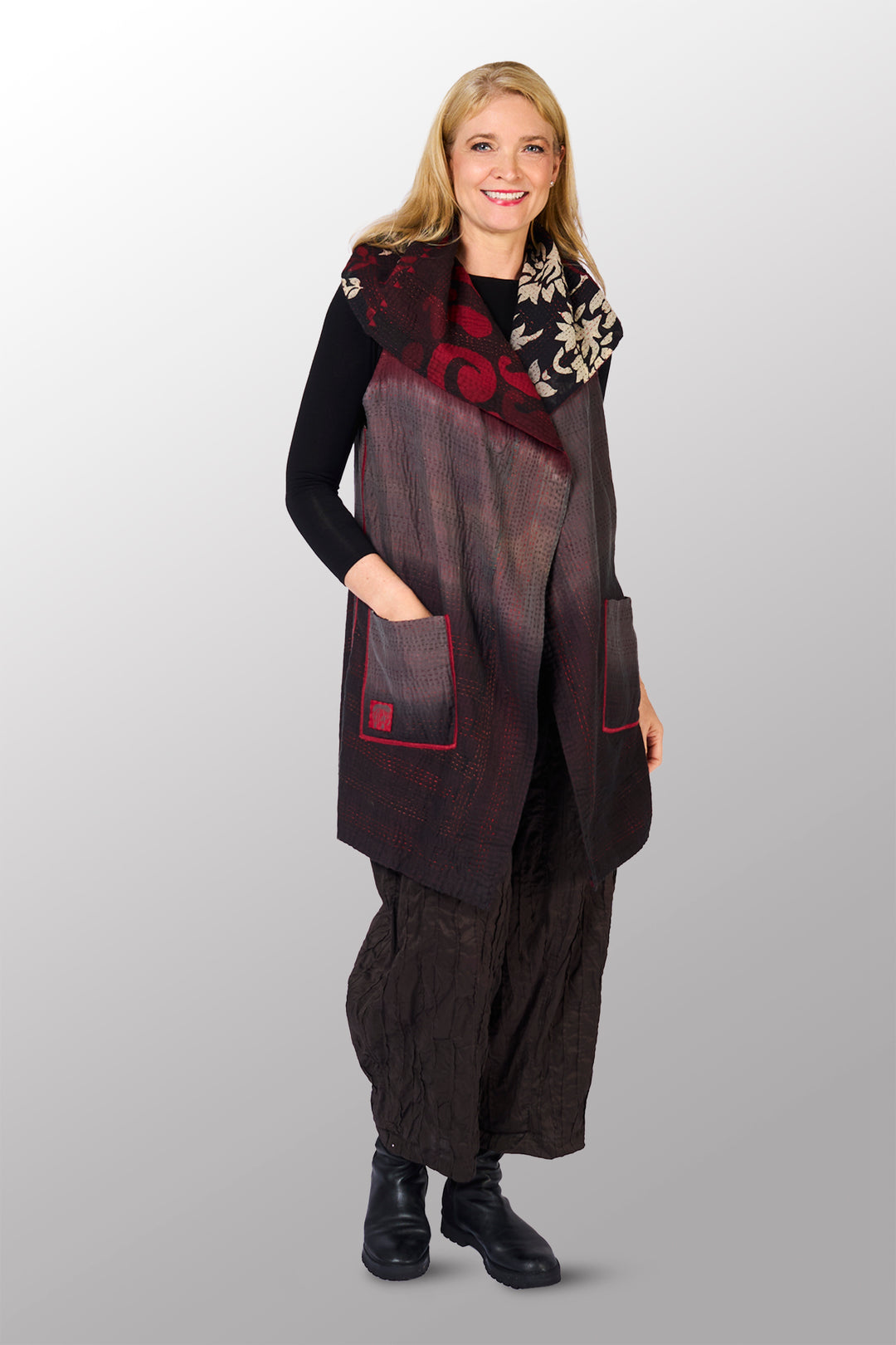 BIG PRINTED PATCH WITH OMBRE BACKING KANTHA CIRCULAR VEST - px4201-red -