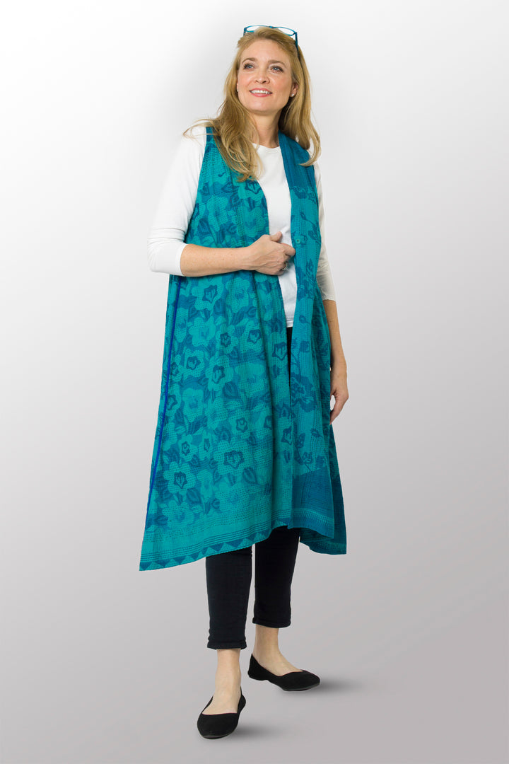 VINTAGE COTTON KANTHA BACK PLEATED VEST MAXI - cv2222-0009a -