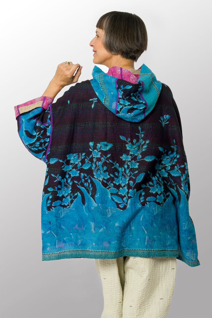 VINTAGE COTTON KANTHA HOODIE PONCHO - cv2064-0007a -