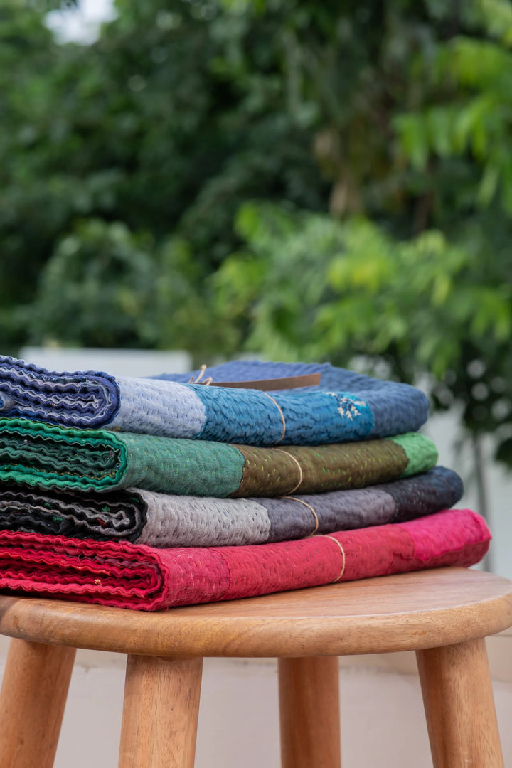 Landscape Fray Patch Vintage Kantha Runner -Black