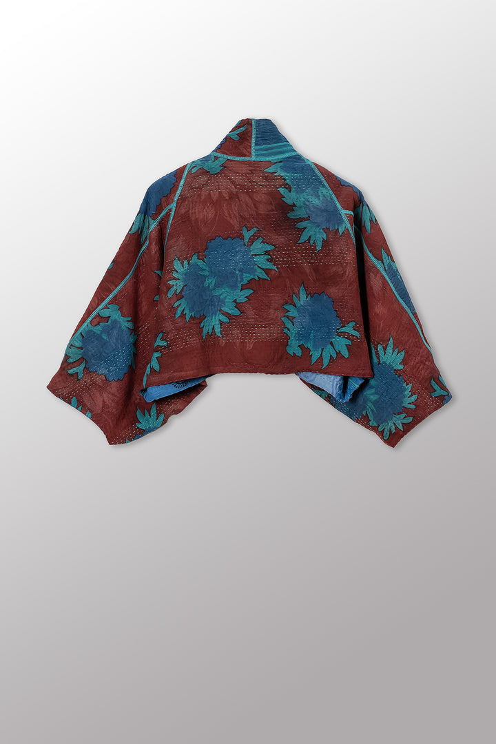 VINTAGE SILK GEORGETTE COTTON KANTHA PUFF SLV. SHRUG - gc4062-0004a -