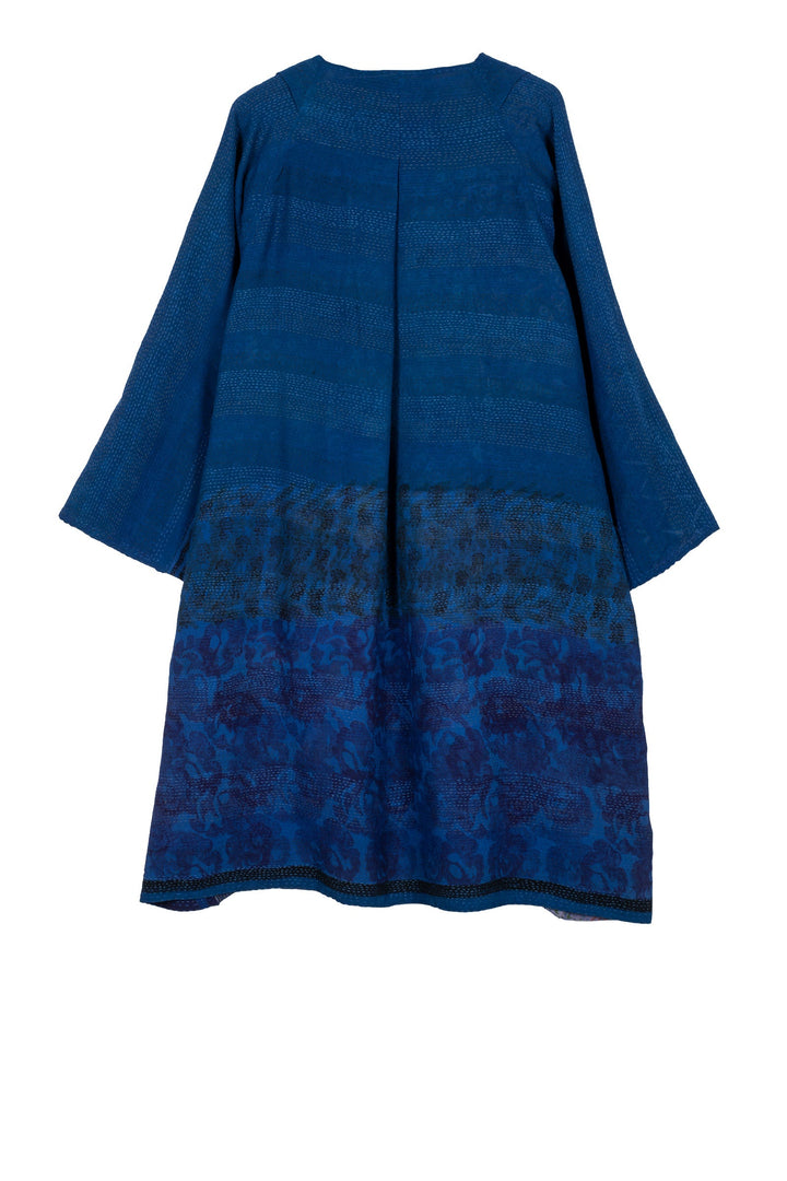 GEORGETTE VINTAGE SILK PATCH KANTHA KIMONO DUSTER - gs2317-nvy -