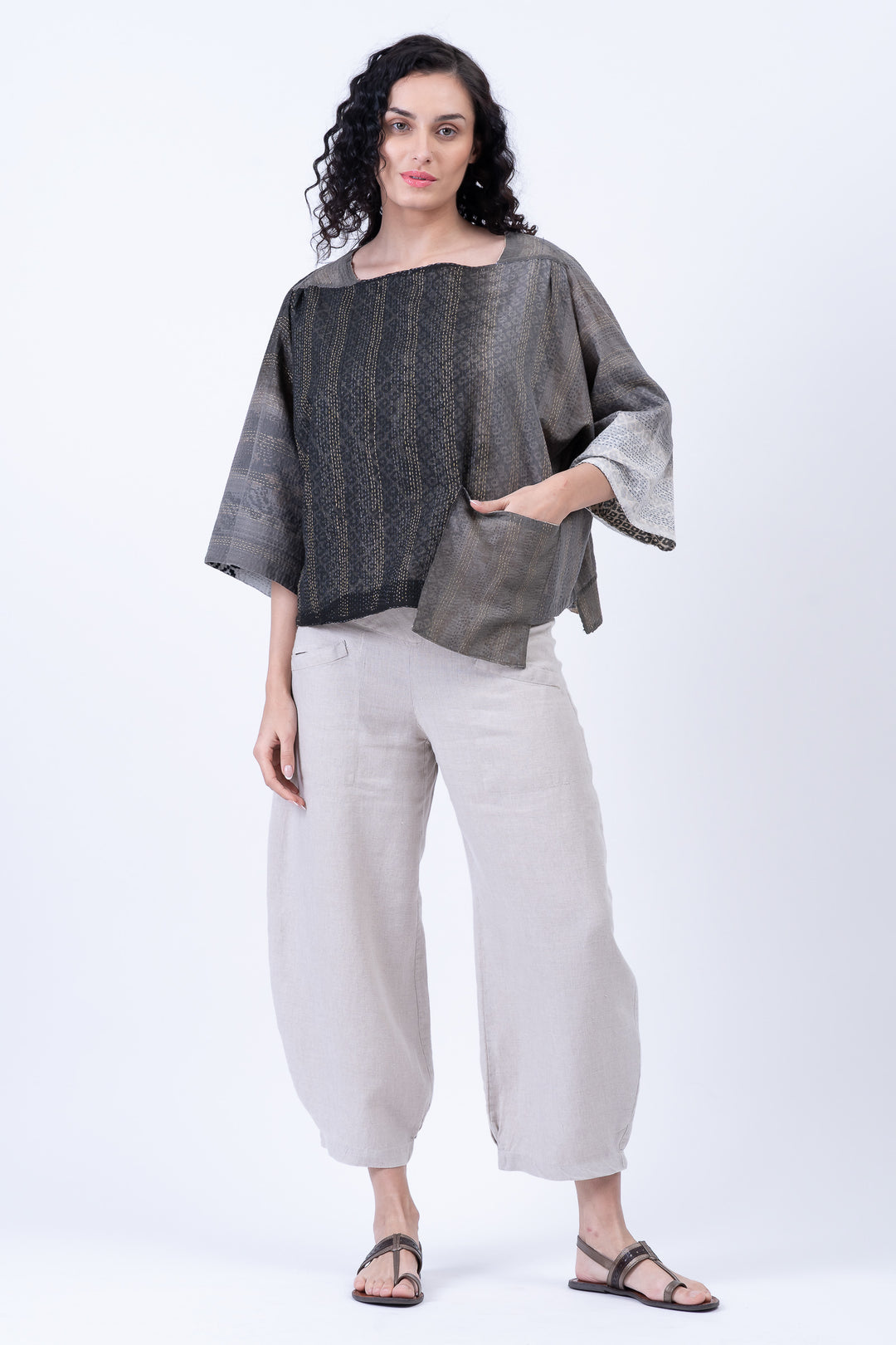 KIMONO COTTON KANTHA 3/4 SLV. CROP TOP MIO - kc2538-gry -