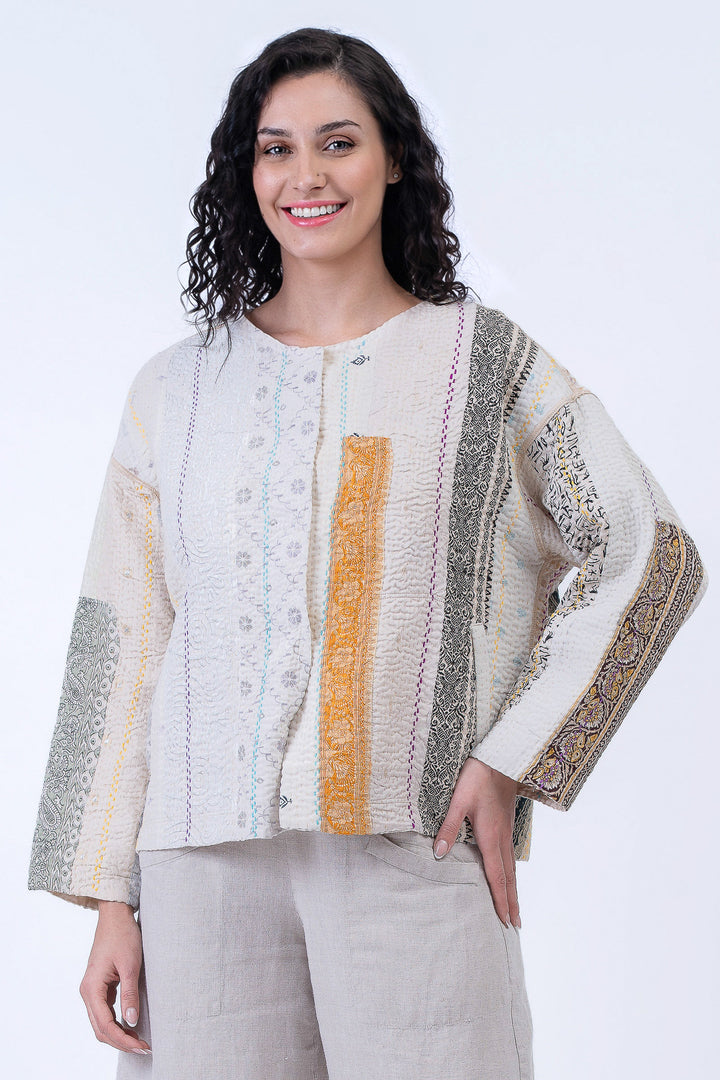 JEWEL WOVEN WITH VERTICAL PATCH KANTHA CREW NECK SHORT JACKET - jv4053-ivy -