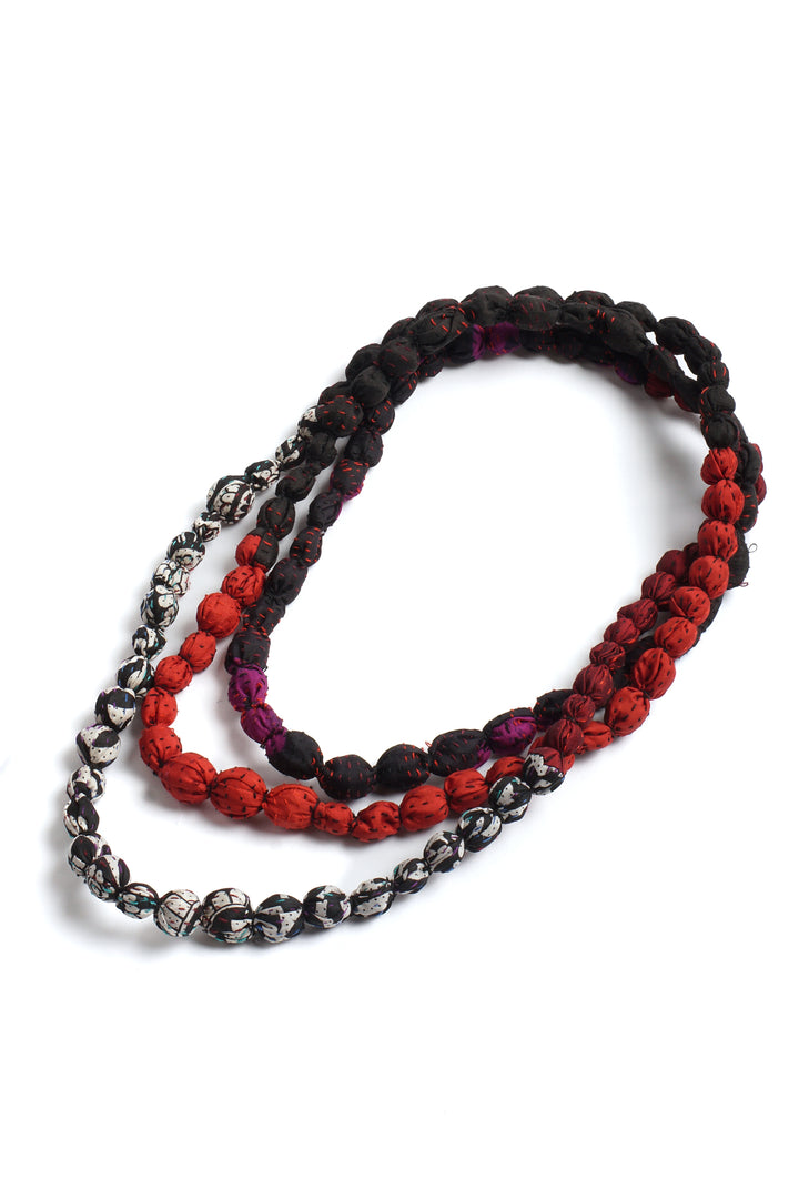 VINTAGE SILK KANTHA TIE-BEADS LONG NECKLACE - sv2707-blk -