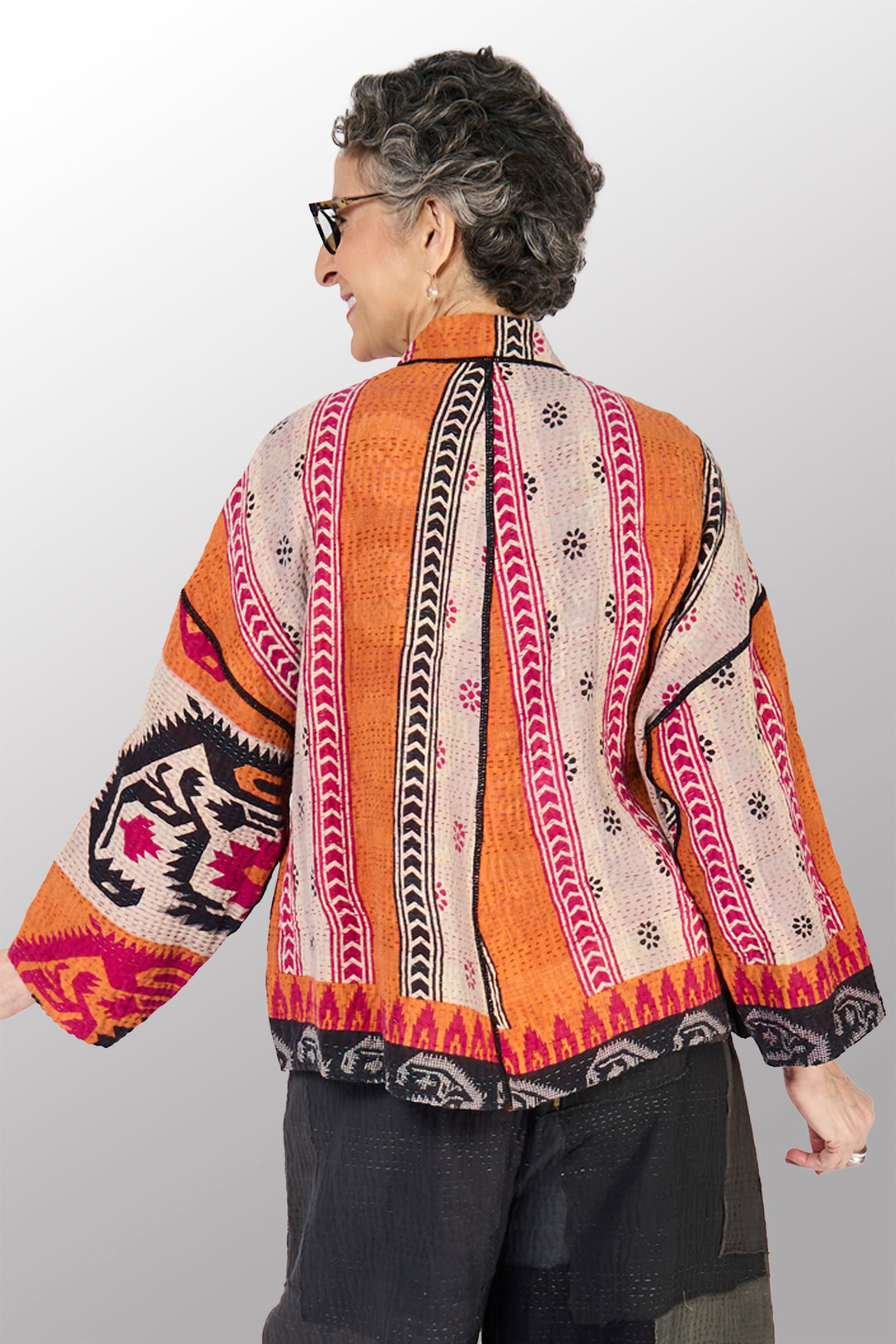 VINTAGE COTTON KANTHA STAND COLLAR CROPPED JKT - cv4034-0157a -