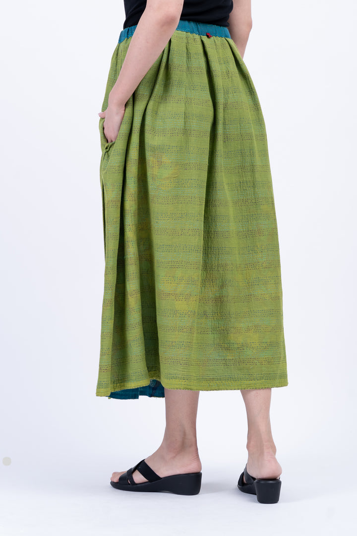 BLOOMING FLOWERS KANTHA TUCKED GATHER SKIRT - bf2663-blu -