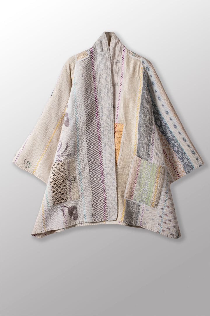 JEWEL WOVEN WITH VERTICAL PATCH KANTHA A-LINE JACKET - jv4003-ivy -