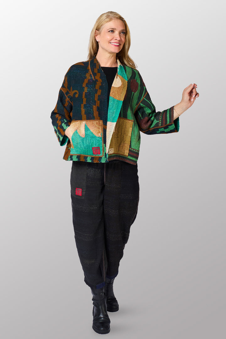 VINTAGE COTTON KANTHA STAND COLLAR CROPPED JKT - cv4034-0158a -