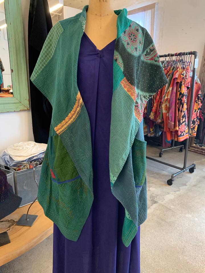 COTTON SILK SW PATCH KANTHA CIRCULAR VEST - ws2201-tel -