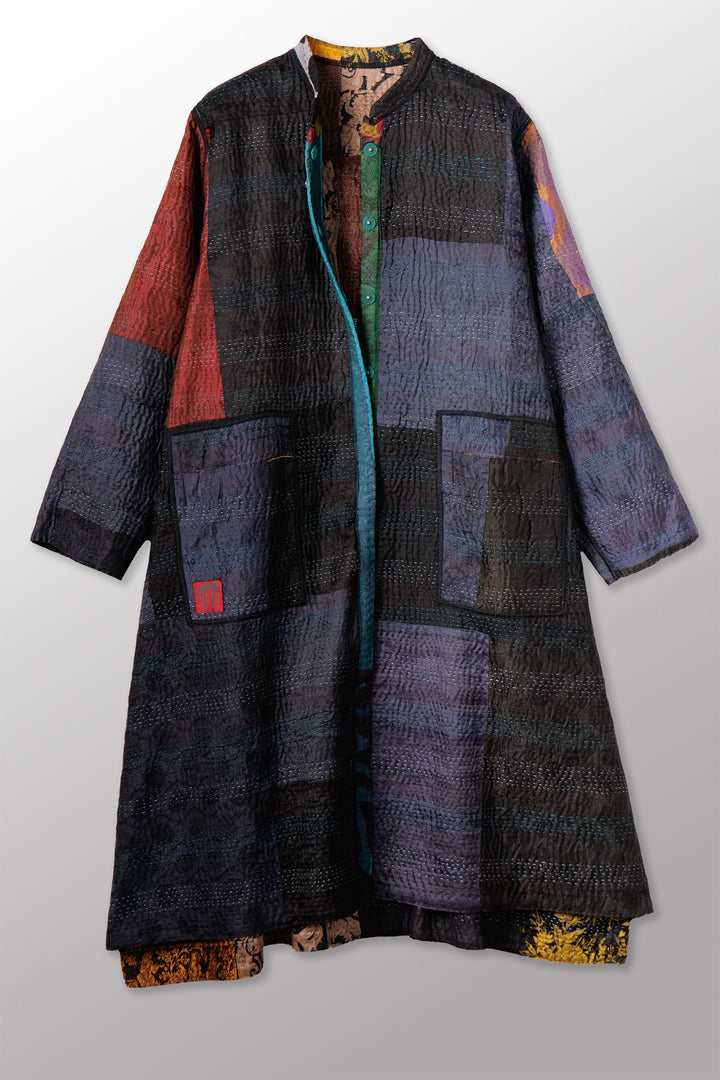 JACQUARD SILK KANTHA KAFTAN COAT - js4343-blk -