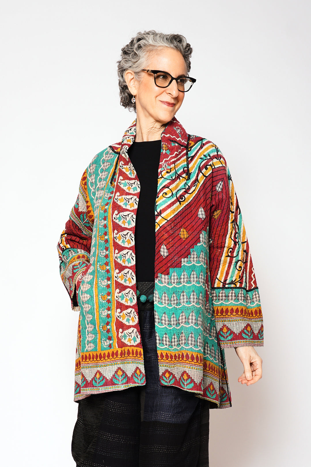 VINTAGE COTTON KANTHA FLARE LONG JACKET - cv4021-5002s -