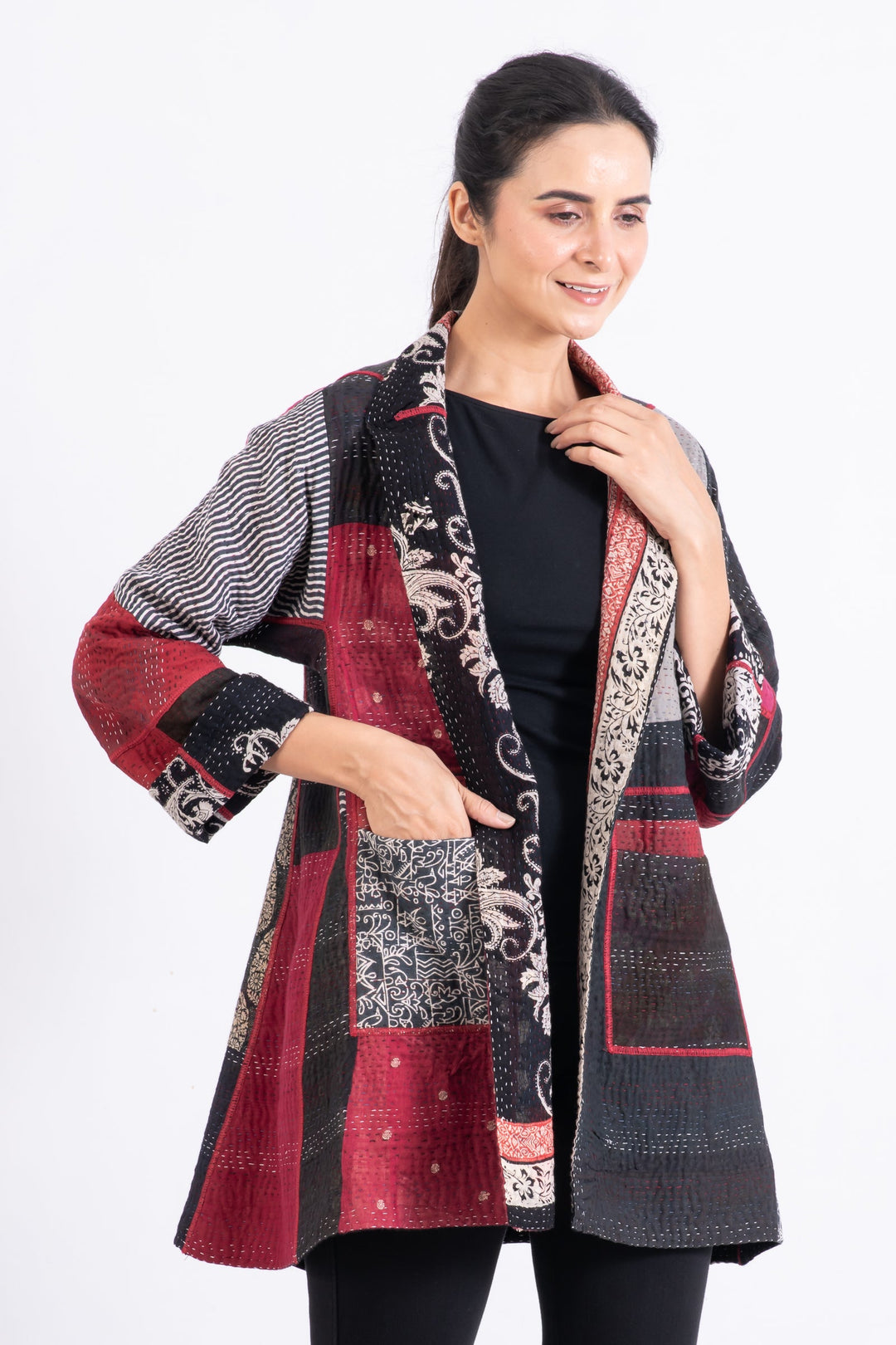 PAISLEY & PATCH KANTHA FLARE LONG JACKET - py4021-blk -