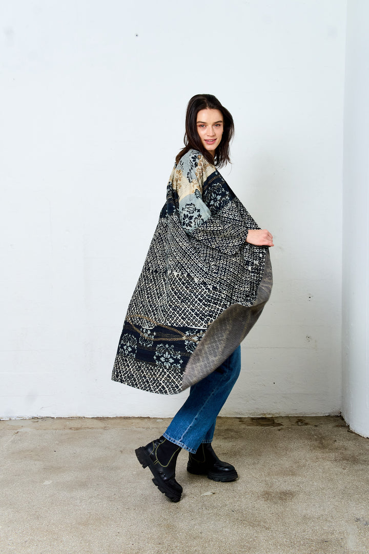KIMONO COTTON KANTHA LONG DUSTER - kc2328-blk -