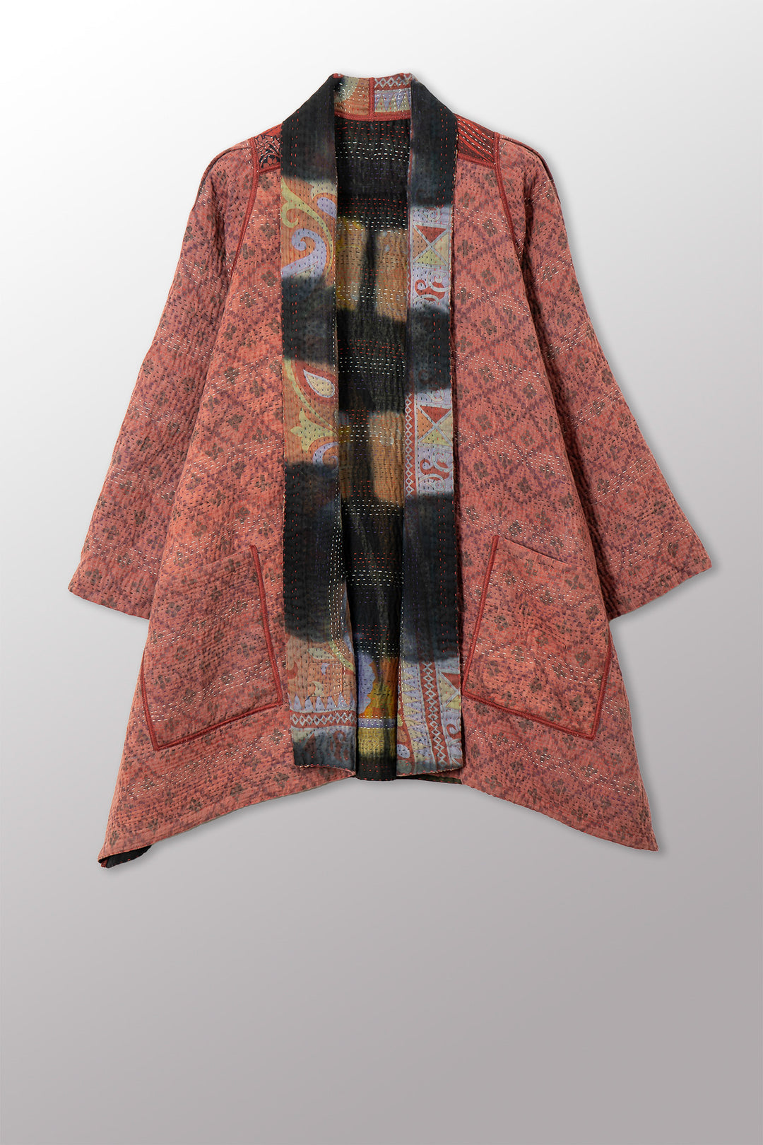 VINTAGE COTTON GREY CLAMP TIE DYE KANTHA A-LINE JACKET - su4003-0001a -