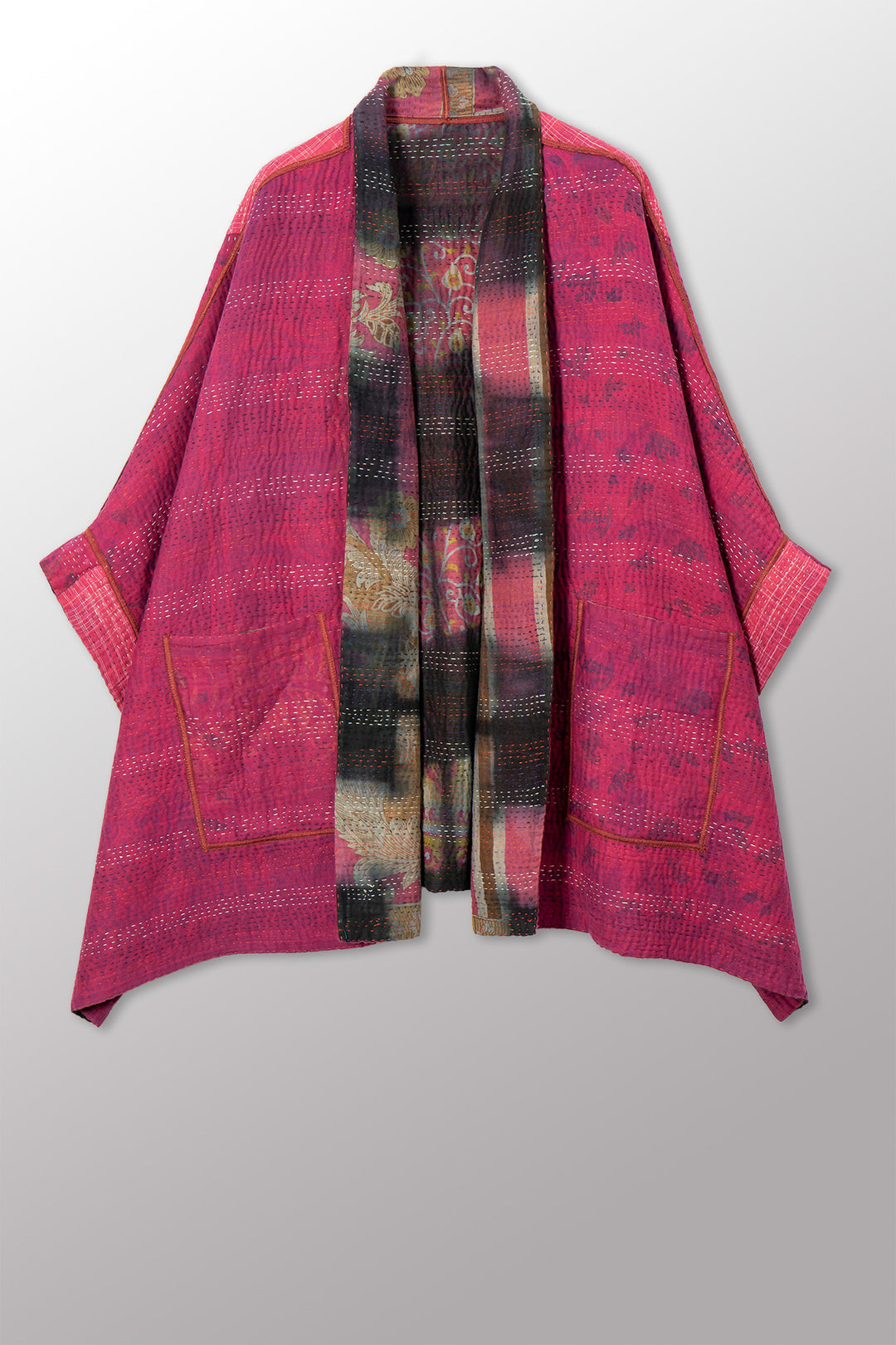 VINTAGE COTTON GREY CLAMP TIE DYE KANTHA DOUBLE COLLAR PONCHO - su4323-0002a -