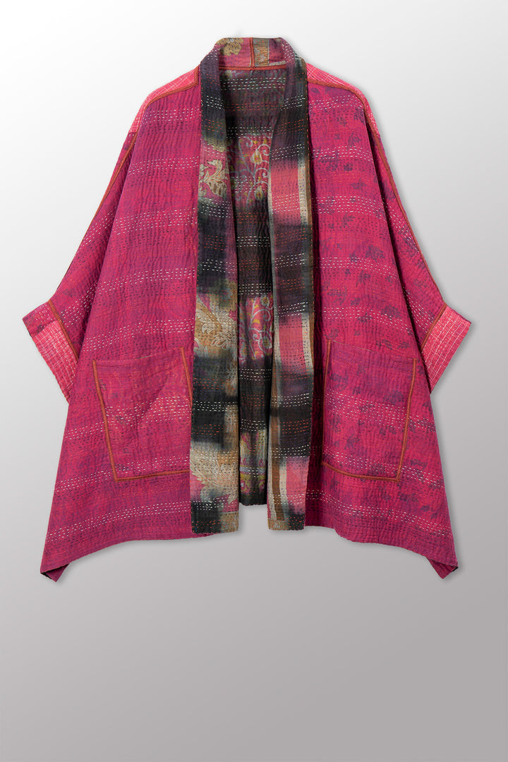 VINTAGE COTTON GREY CLAMP TIE DYE KANTHA DOUBLE COLLAR PONCHO - su4323-0002a -