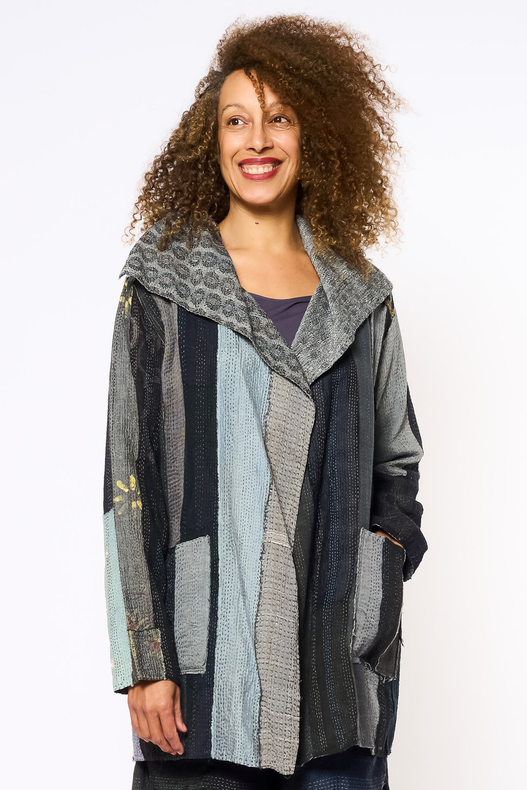 STRIPE FRAYED & HANDWOVEN KANTHA POCKET JKT - ft2002-blk -