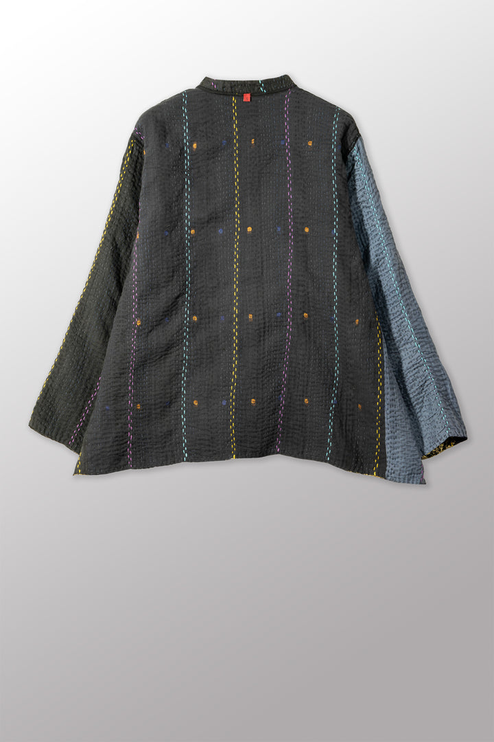 JEWEL WOVEN WITH VERTICAL PATCH KANTHA KAFTAN JACKET SHORT - jv4088-blk -
