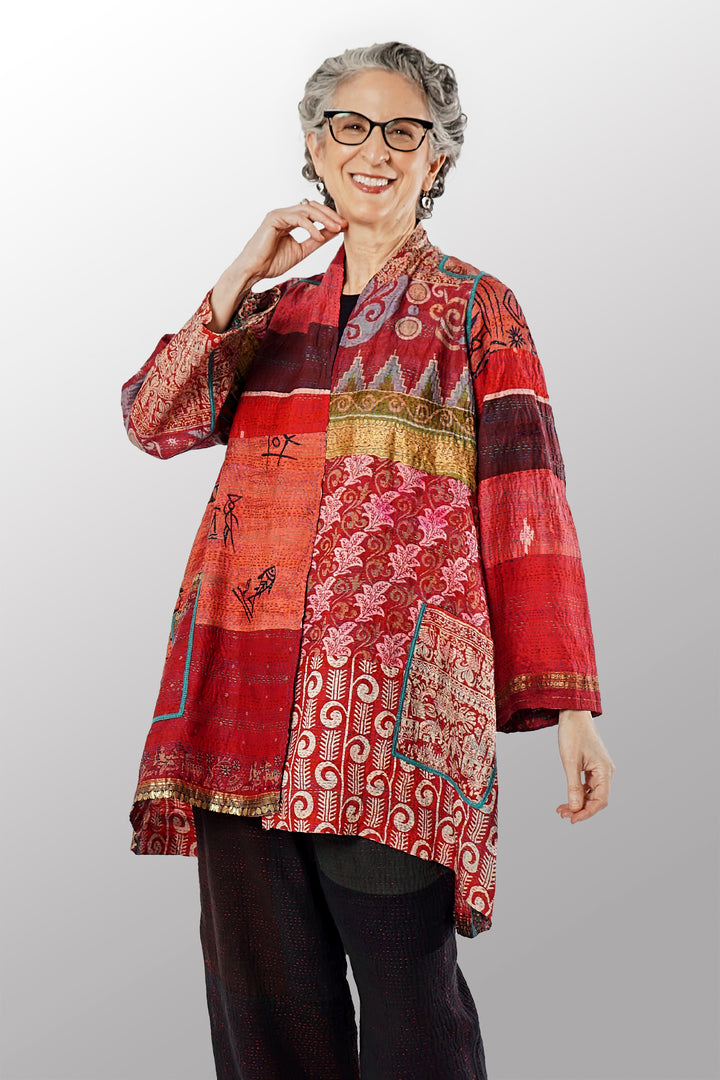 VINTAGE SILK KANTHA A-LINE JKT - sv2003-0385a -