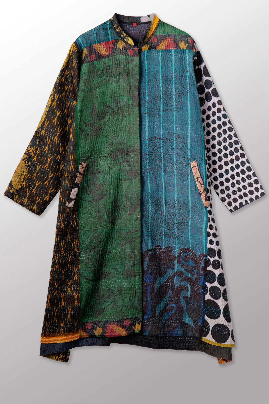 JACQUARD SILK KANTHA KAFTAN COAT - js4343-blk -