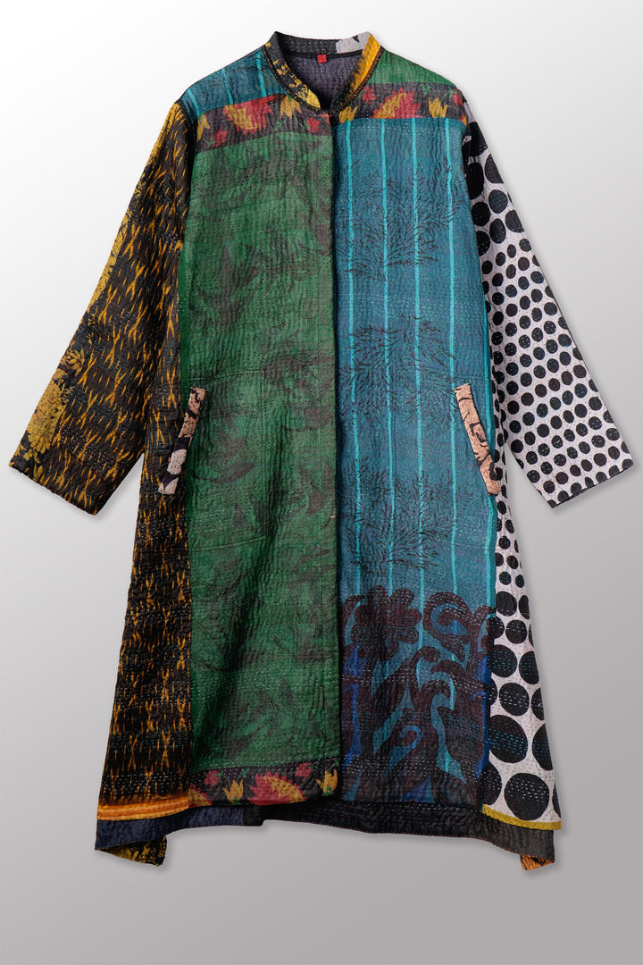 JACQUARD SILK KANTHA KAFTAN COAT - js4343-blk -