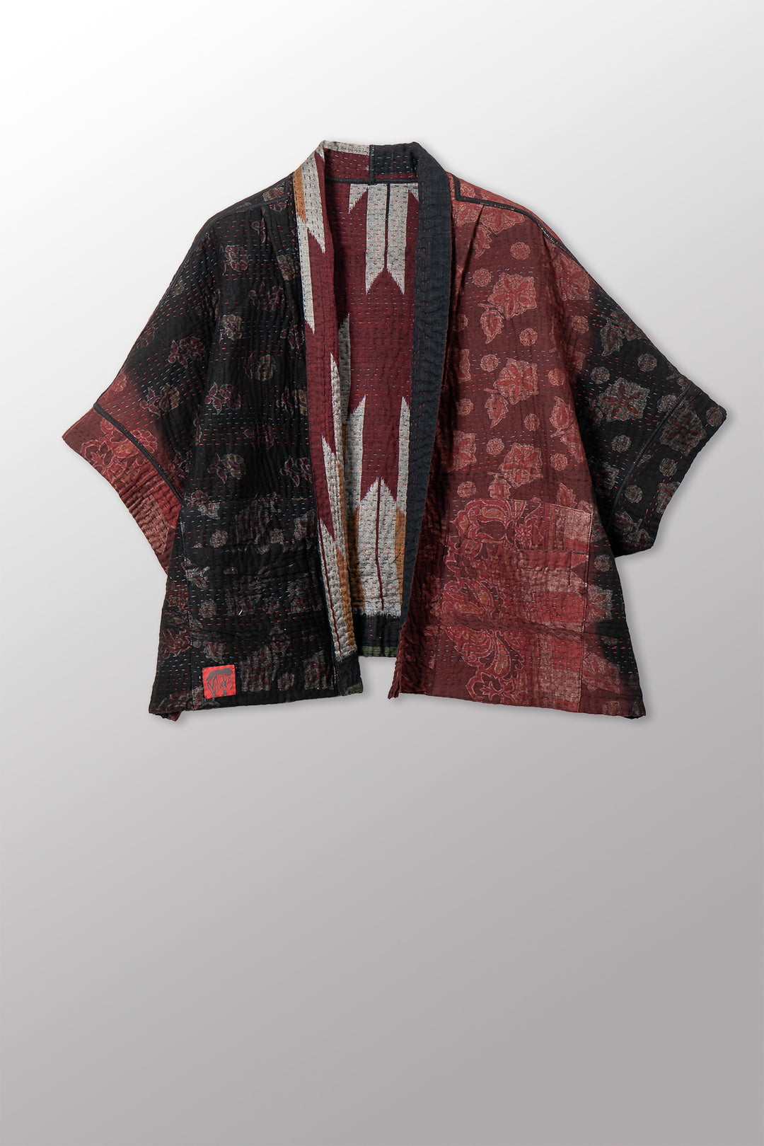 WOVEN HANDLOOM IKAT WITH OMBRE KANTHA MINI PONCHO - wh4060-red -