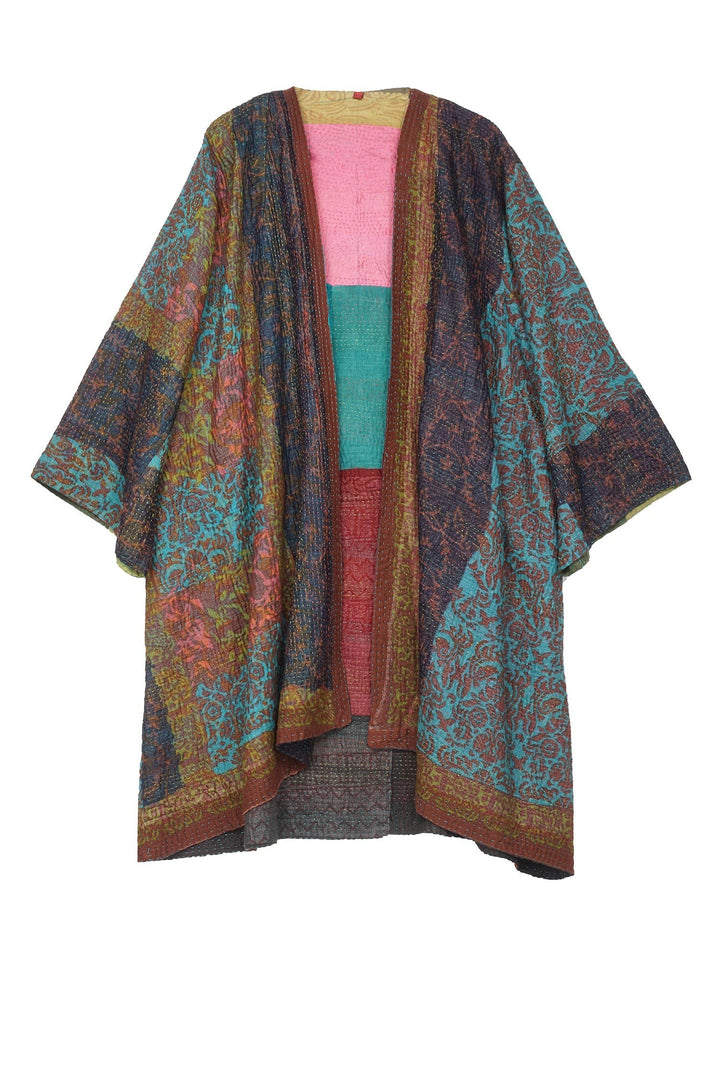 BAGH PRINT KANTHA KIMONO DUSTER - bg4317-brn -