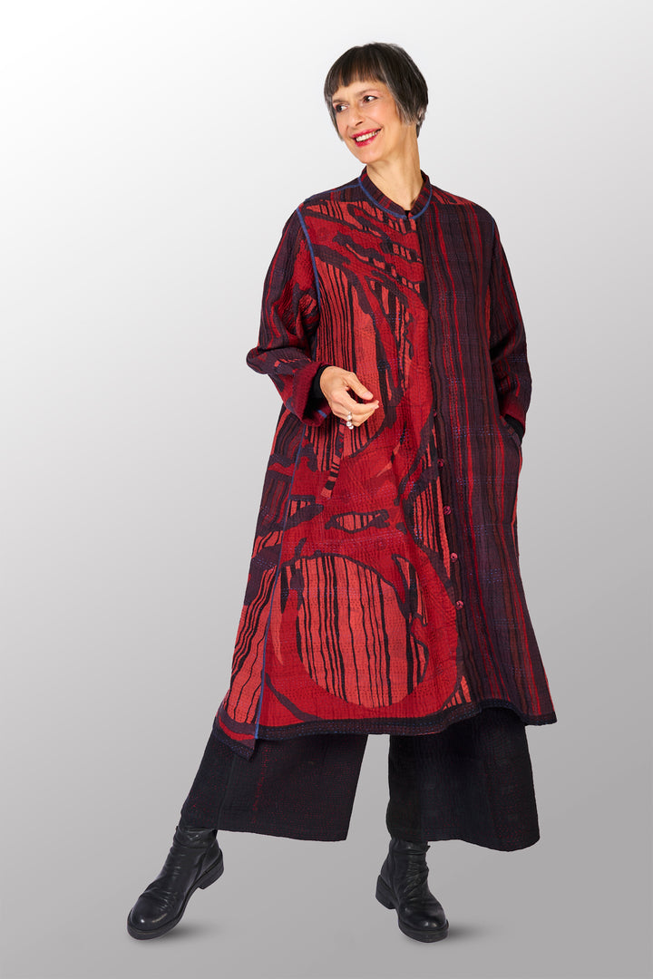 OVERDYED STRIPE AND BENDS KANTHA KAFTAN COAT - ov-sb4343-red -
