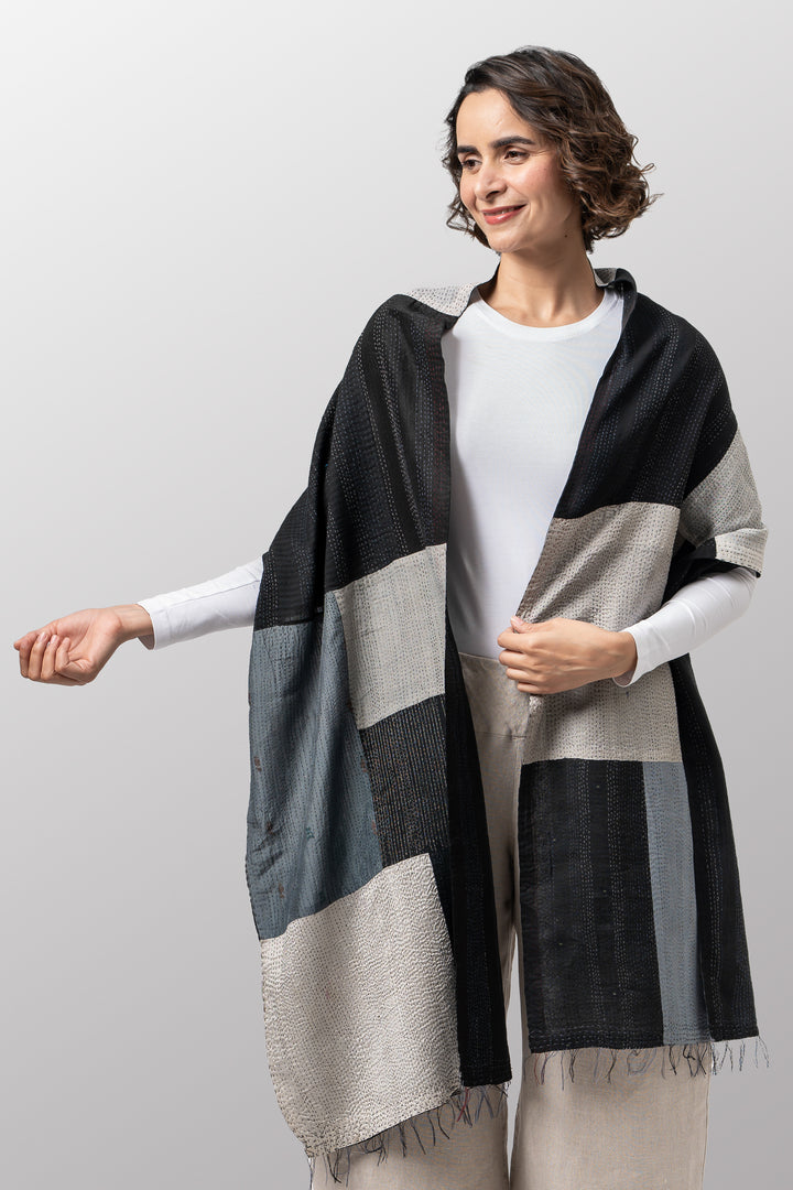 COTTON SILK SW PATCH OMBRE KANTHA SCARF STANDARD - wo2801-blk -