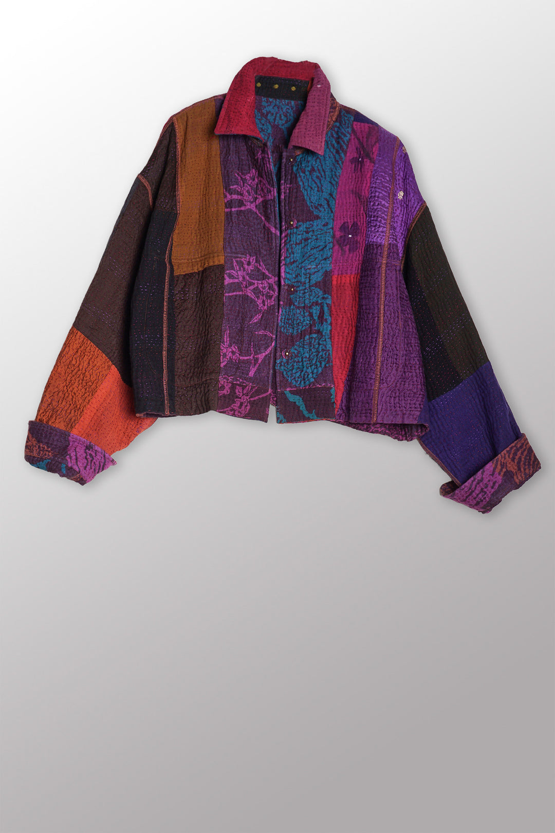 NIGHT FLOWERS KANTHA CROPPED UTILITY JACKET - nl4094-prp -