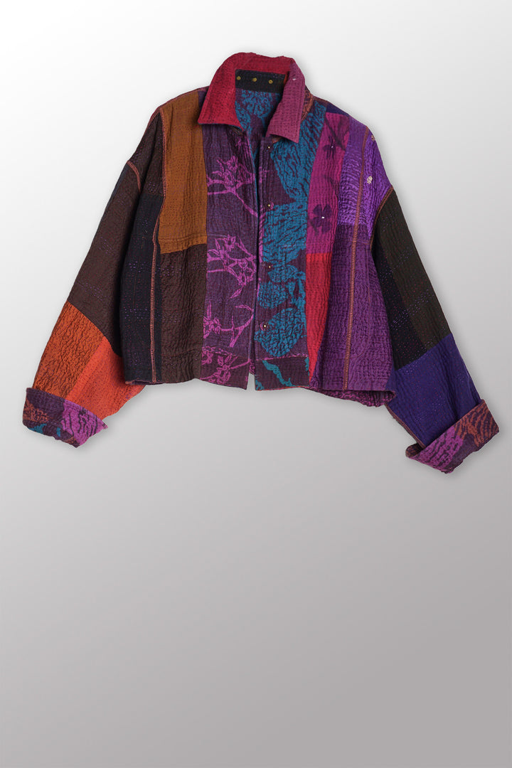 NIGHT FLOWERS KANTHA CROPPED UTILITY JACKET - nl4094-prp -