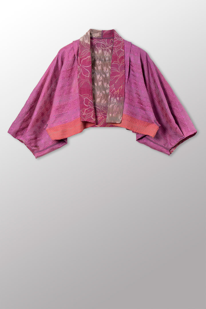 GEORGETTE JACQUARD VINTAGE SILK PATCH KANTHA PUFF SLV. SHRUG - gj2062-0004a -