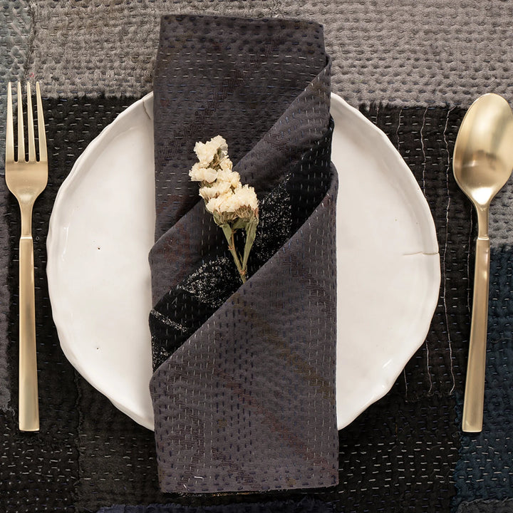 Landscape Fray Patch Vintage Kantha Napkin -Black (Set of 2)