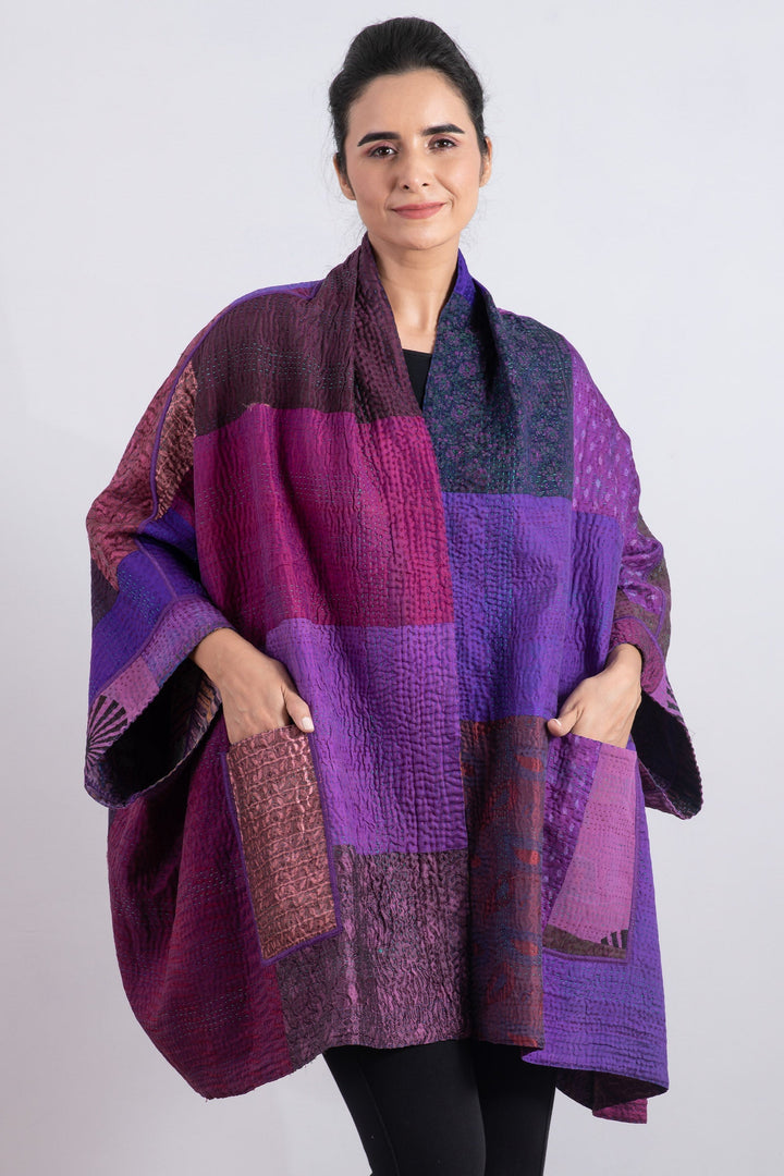 JACQUARD SILK KANTHA DOUBLE COLLAR PONCHO - js4323-prp -