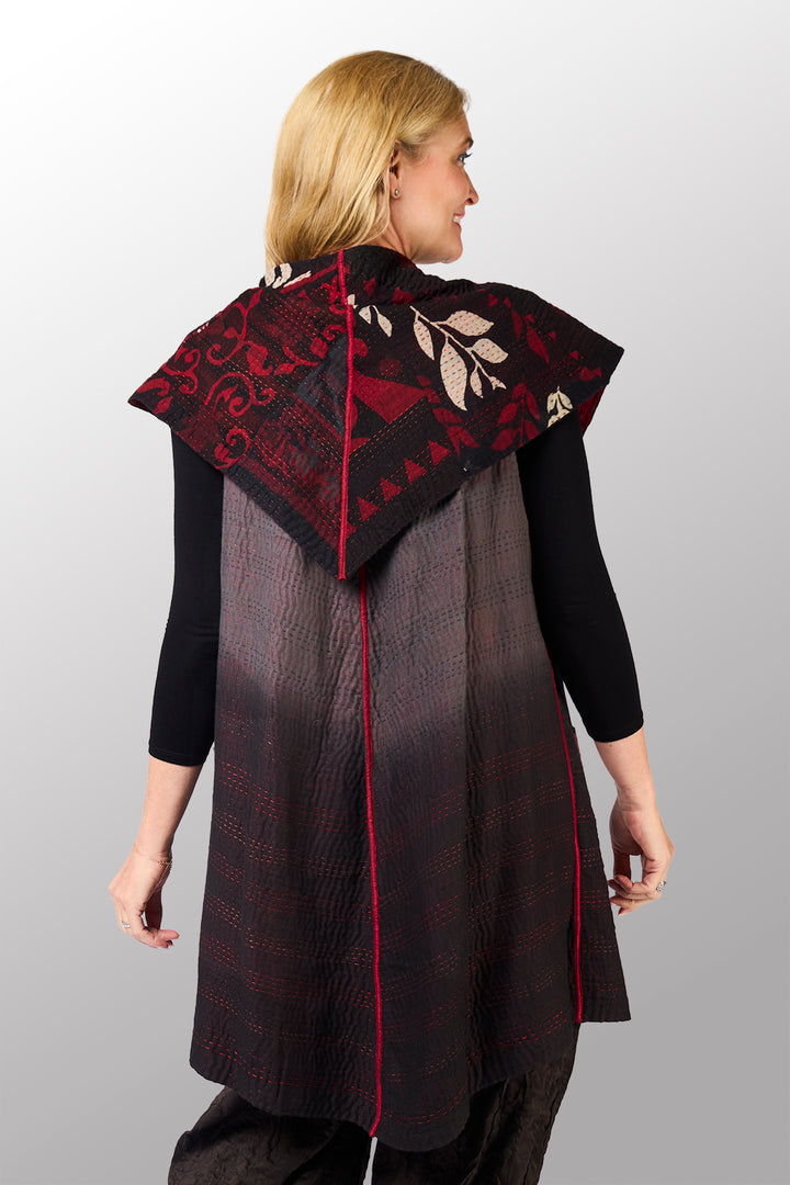 BIG PRINTED PATCH WITH OMBRE BACKING KANTHA CIRCULAR VEST - px4201-red -