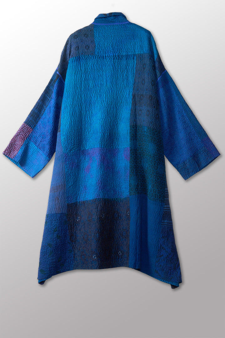 GEORGETTE JACQUARD VINTAGE SILK PATCH KANTHA NEW OVERSIZED COAT - gj4342-blu -