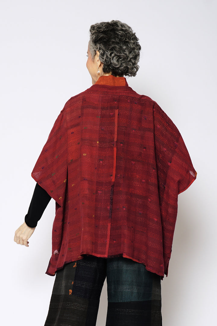TONAL TILE PATCH KANTHA PONCHO TOP - tt2568-red -