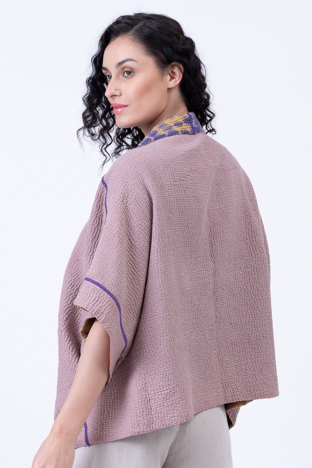 MONE SHIBORI TIE DYE KANTHA MINI PONCHO - ms5060-prp -
