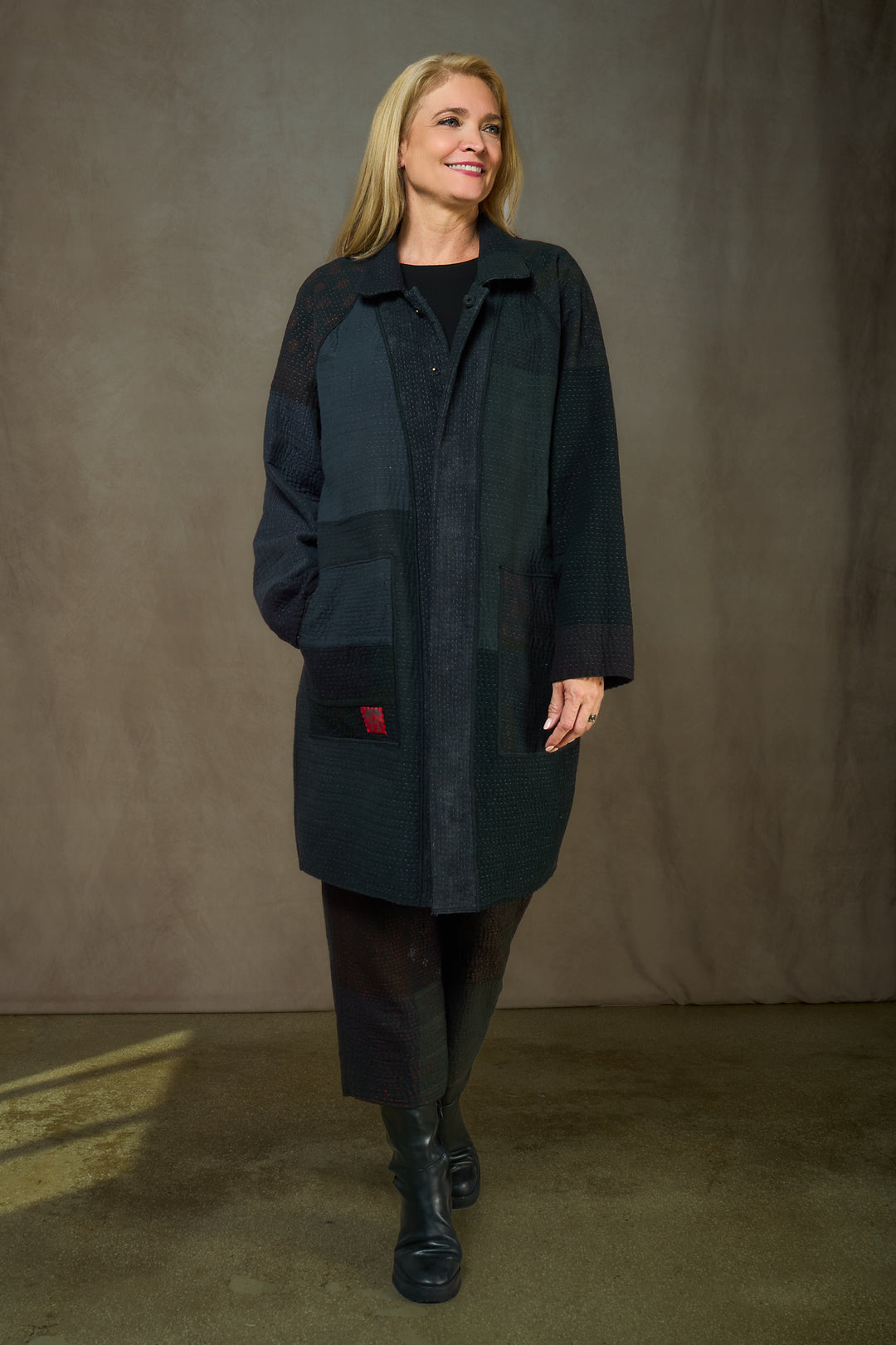 DENIM SUN-DYE KANTHA NEW RAGLAN SLEEVE COAT - ds3353-blk -