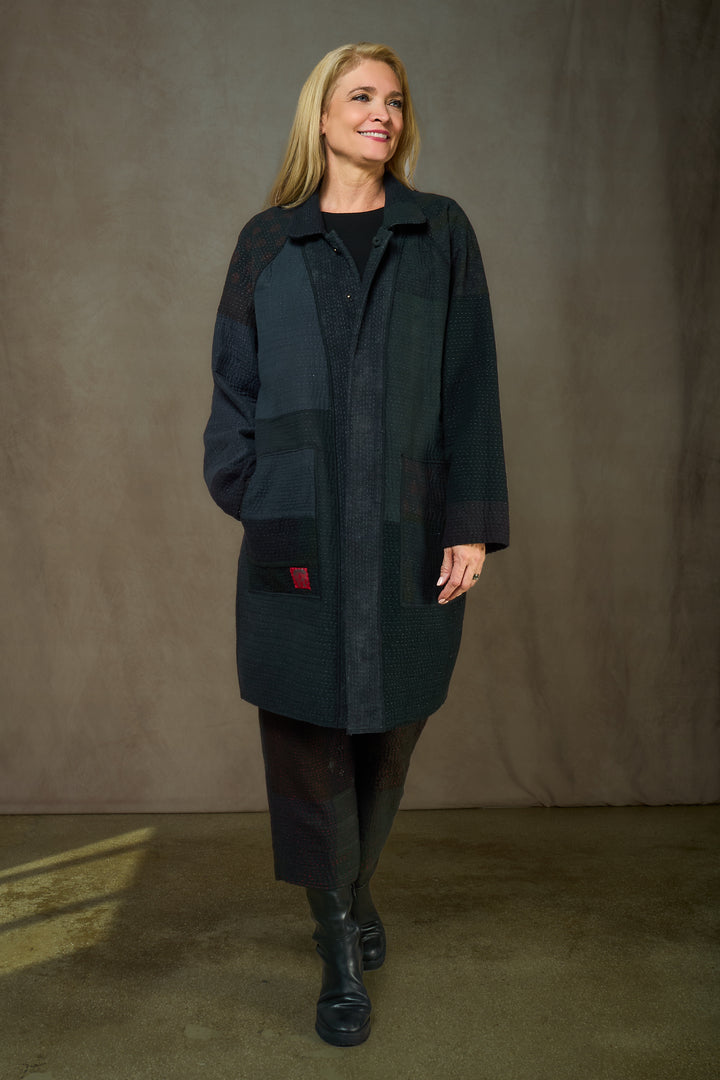 DENIM SUN-DYE KANTHA NEW RAGLAN SLEEVE COAT - ds3353-blk -