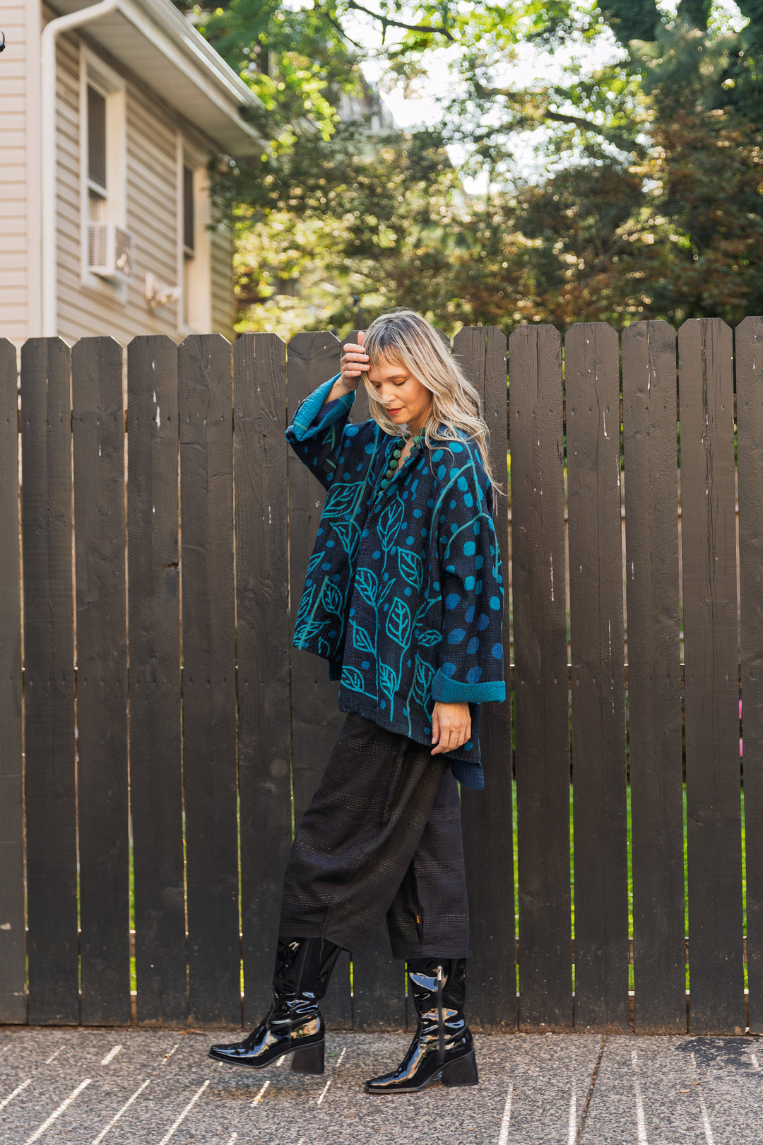 POLKA DOTS & LEAVES KANTHA OVERSIZED MINI COAT - dl4332-tuq -